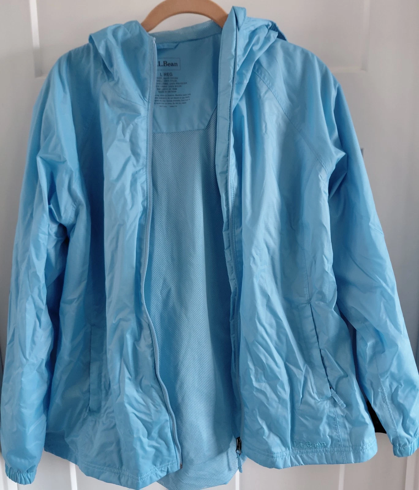 LL Bean Jacket Mens Large Light Blue Rain Windbreaker Full Zip Nylon Fishing