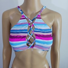 Vanilla Beach Striped Criss Cross Bikini Halter Top Women's XL Multicolor New