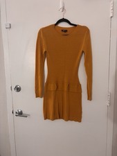 Mustard Yellow Long Sleeve Mid Length Sweater Dress With Belt Accent