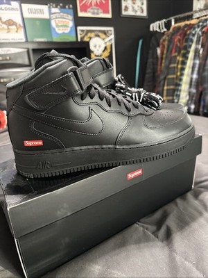 Size 12 - Supreme x Nike Air Force 1 Mid Box Logo - Triple Black