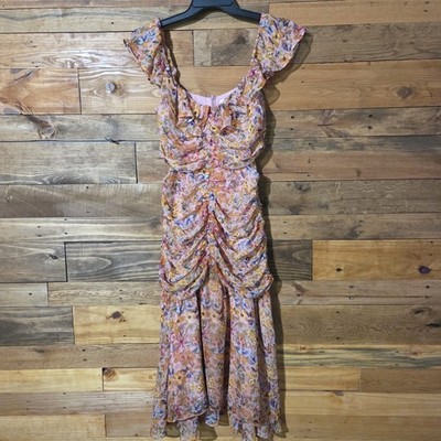 ASTR The Label Floral Ruched Cutout Midi Dress Women's M Pink Cottagecore Boho 