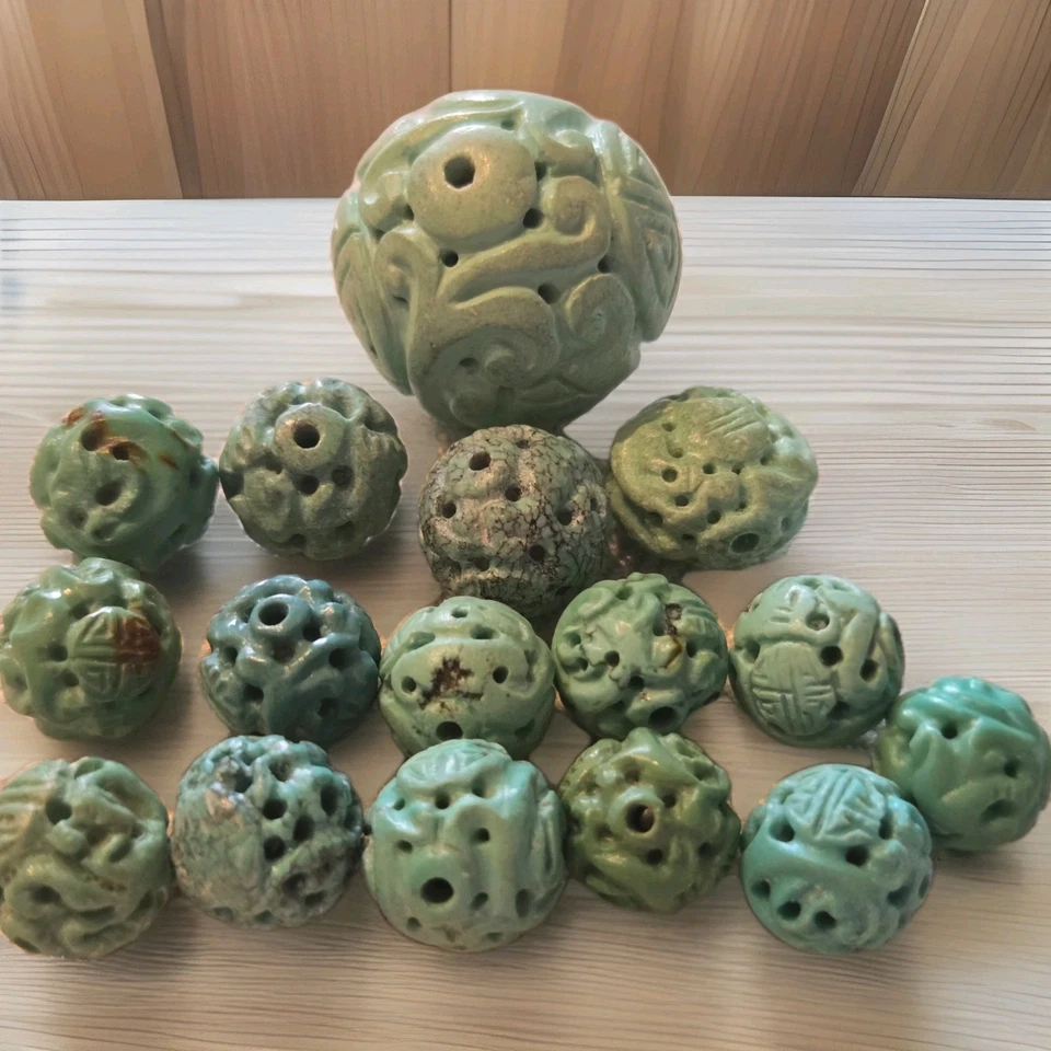 16 Vintage or Antique Chinese Carved Turquoise Shou Beads 8-30mm RARE GOOD LUCK - Image 2 of 4