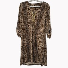 Michael Kors Sz 10 Leopard Print Slinky Stretch Dress Gold Chain Lace Up Detail