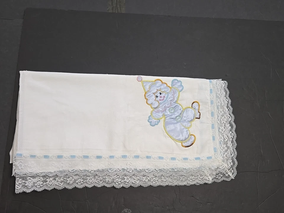 Manta bebé tejido algodón vintage apliques payaso cinta azul ribete encaje 36"x36" Foto 3 de 4