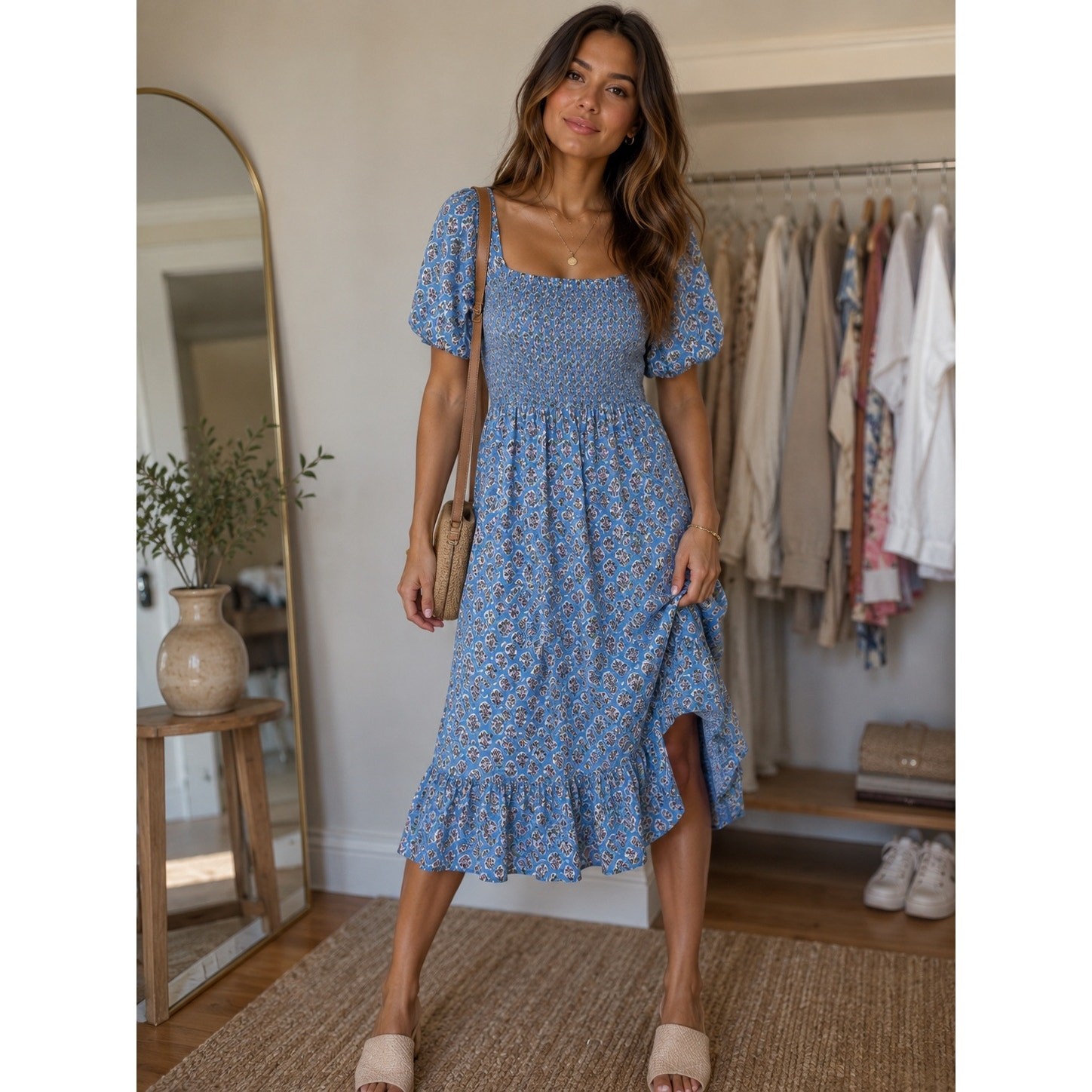 J. Crew Ditsy Floral Block Print Puff Sleeve Smocked Midi Sundress Blue Women L