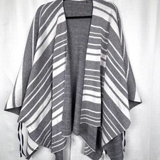Talbots Woven Open Front Poncho Wrap Stripe Tie Cotton Blend Oversized ONE SIZE