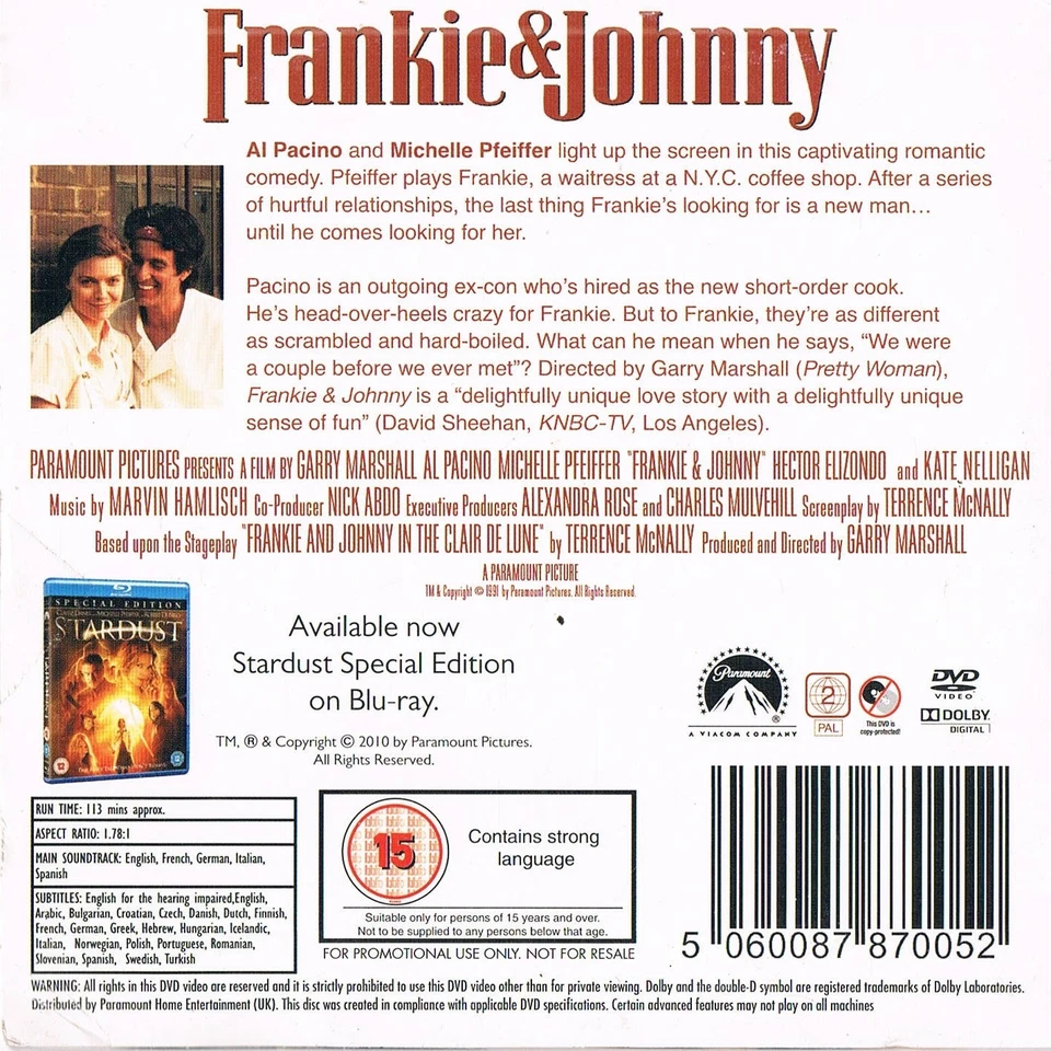 Frankie & Johnny - Al Pacino, Michelle Pfeiffer - Full Film Promo DVD - Image 2 of 2