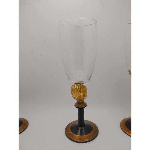Set of 4 Artist Signed Nautilus Champagne Wine Glasses Handmade Gold Black - Picture 10 of 14