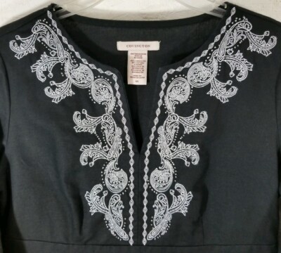 COVINGTON Blouse Shirt Top Black White Embroidered 3/4 Sleeve Womens Small