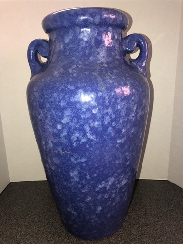 McCoy 1930s Large 18" Brush Mottled Blue Pottery Floor Vase Art Deco Style - Picture 5 of 13