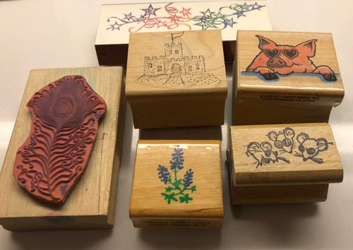LOT OF 7 ASSORTED ANIMAL AND DESIGN STAMPS, RUBBER MOUNTED ON WOOD, Vintage - Picture 2 of 8