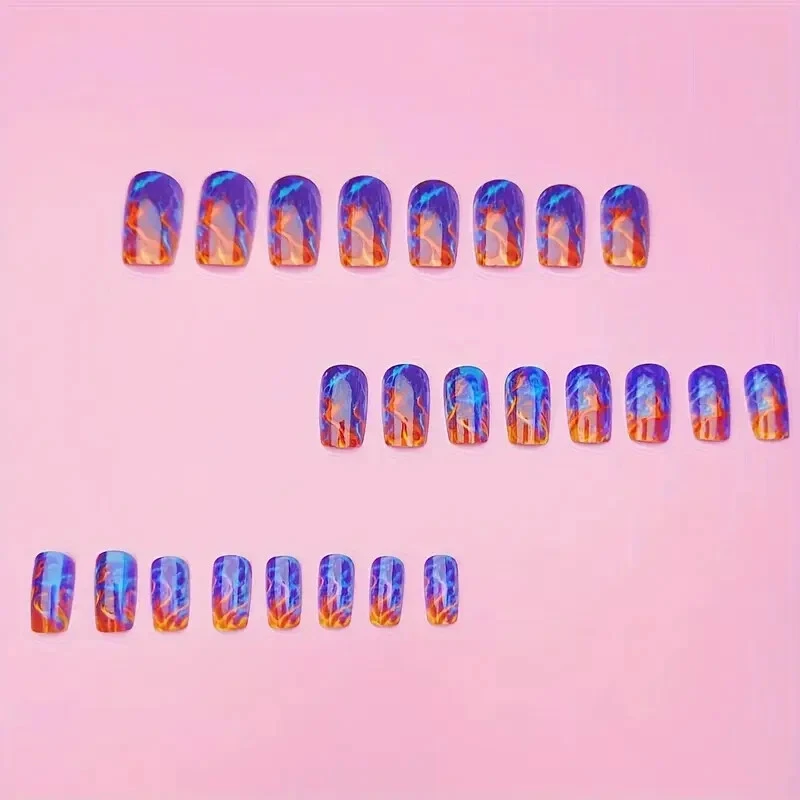 Uñas cuadradas extraíbles a presión] 24 piezas diseño de llama brillante en la oscuridad prensado Foto 2 de 3