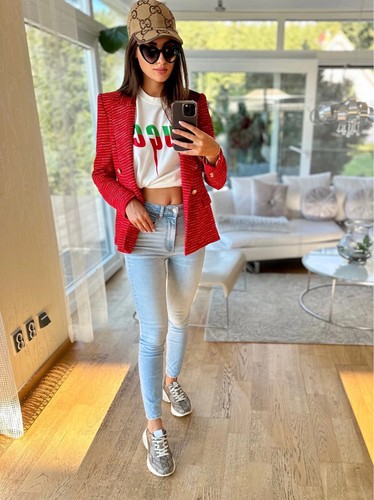 A312 ZARA BLAZER TEXTURED DOUBLE BREASTED RED WITH WHITE BUTTONS JACKET - XL - Picture 7 of 20