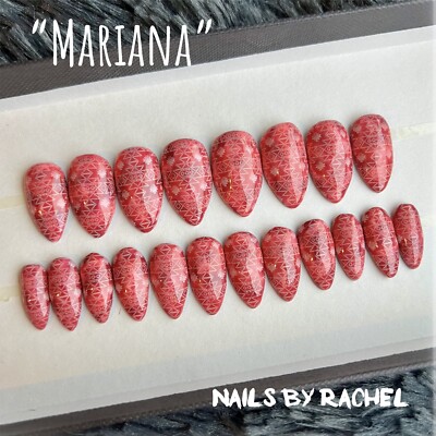 Press On Gel Fake Nails, Medium Stiletto, ''Mariana'' [aztec smoosh pink]