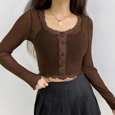 トップス CLANE MESH HENLEY NECK TOPS SUUKSESS Women Slim Crew Neck Going Out Button up Long