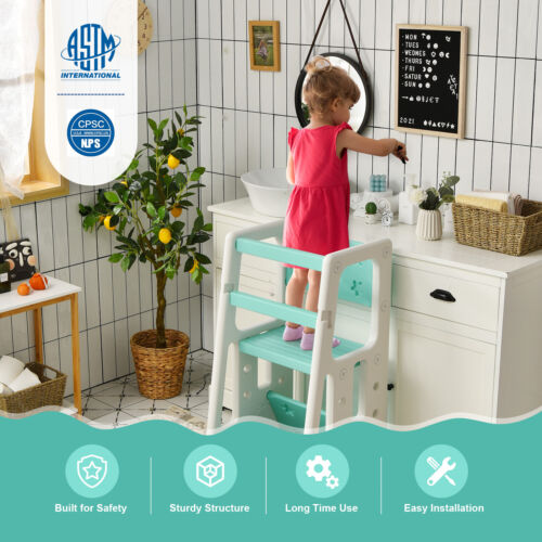 Taburete escalonado de cocina para niños con rieles de seguridad dobles taburete de aprendizaje para niños pequeños verde - Imagen 6 de 11