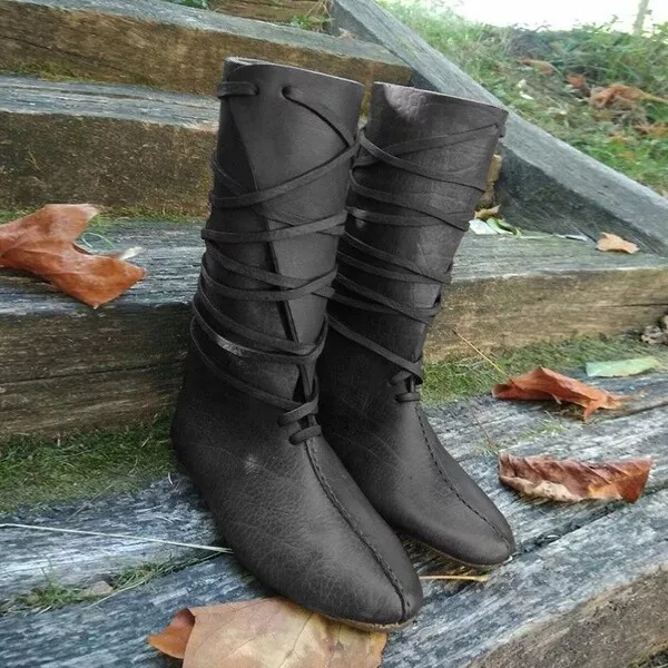 Women Mens Mid calf Boots Retro Medieval Reenactment Cosplay Stage Leather Shoes