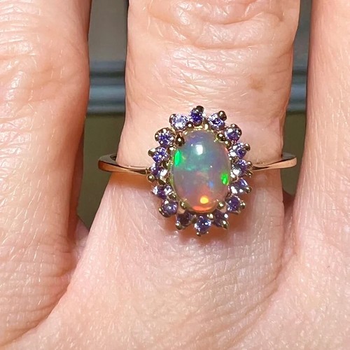 925 Sterling Silver 18k Yellow Gold Plated Natural Opal Oval Cut Engagement Ring - Picture 2 of 7