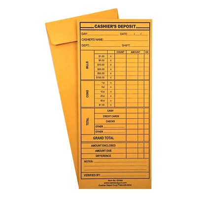 Cashier's Deposit Envelopes, EZ400, 4 1/8'' x 9 1/2'', Brown Kraft, 24lb, 100/Box