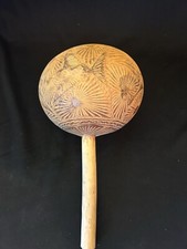 Vintage Mexican Folk Art Carved Jicaro Wood Maraca Souvenir of Mexico