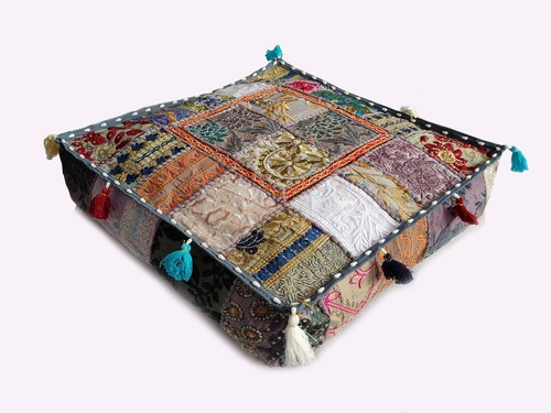 Indian Square Multi Gray Patchwork Cushion Cover Floor Decorative Pillow Covers - Picture 6 of 8