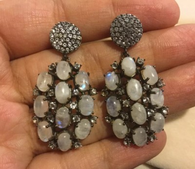 Beautiful Rainbow Moonstone Cabochon White Topaz Earrings Dangle Silver New NWOT