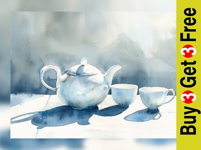 Blaue Keramik Teekanne 5''x7'' Druck auf mattem Papier | Ruhige Stillleben Malerei
