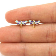 14K Yellow Gold Blue  Purple Enamel Dragonfly Screw Back Stud Earrings