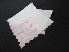 Vintage Hankie Pink Floral Embroidered Cotton Scalloped