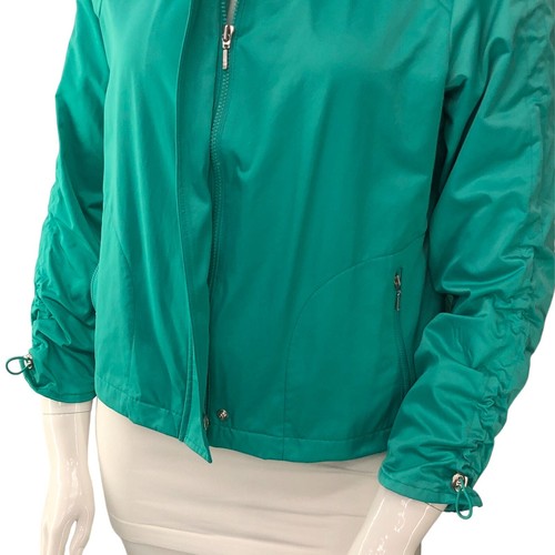 Chicos Sz 2 US 12 Large Rain Jacket Nylon Full Zip Green Ruched Sleeve TINY FLAW - Picture 3 of 17