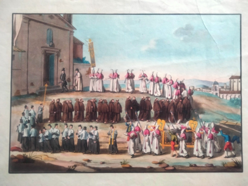 1830 ACQUAFORTE FILIPPO FERRARI PROCESSIONE FUNEBRE ACQUERELLATA A MANO - Imagen 2 de 6