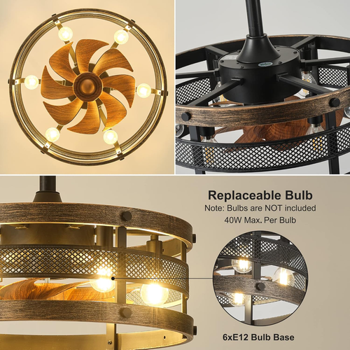 Caged Ceiling Fan with Lights and Remote,19'' Black Industrial Ceiling Fan with - Picture 5 of 7