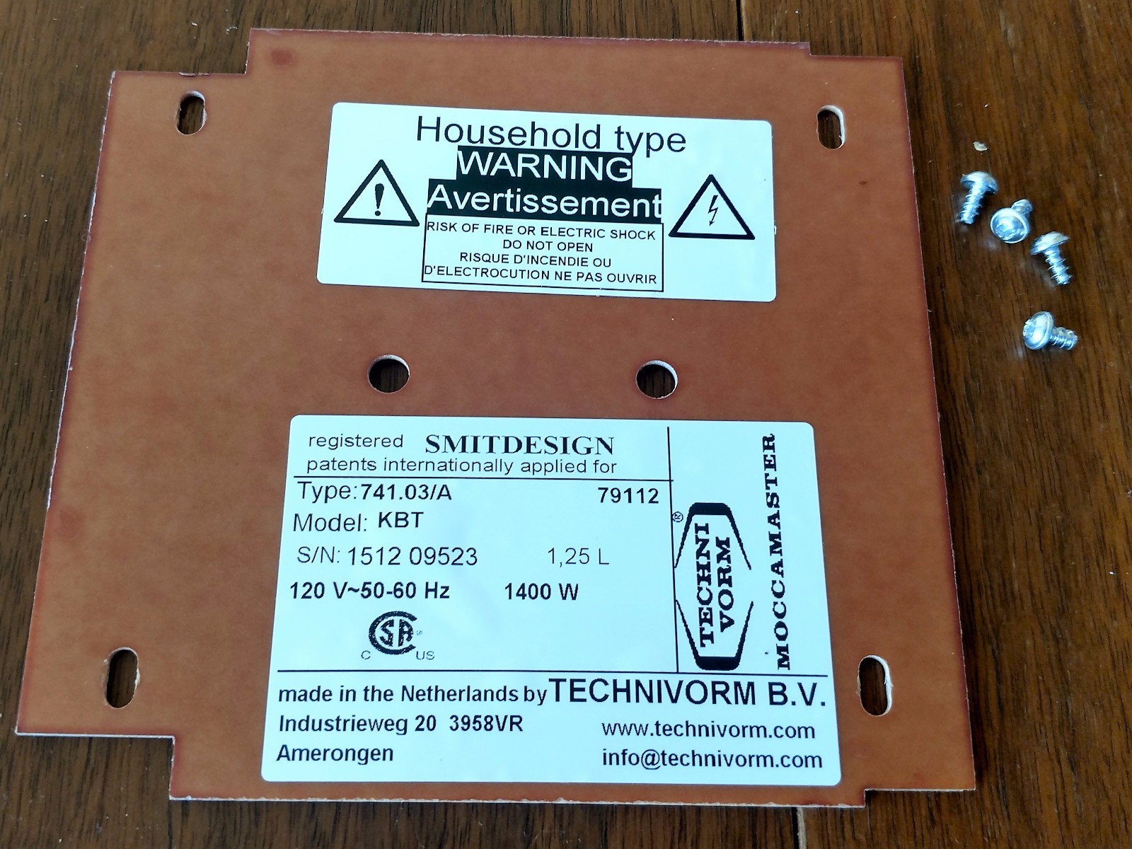 TechniVorm Moccamaster Bottom Plate Cover & Hardware Replacement Part