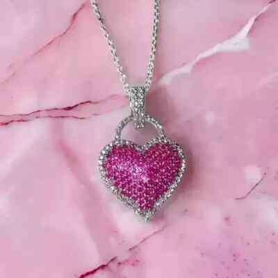 Pink Sapphire 2.00Ct Lab Created Round Cut Heart Pendant 14K White Gold Plated