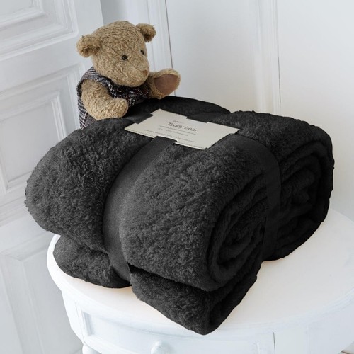 TEDDY BEAR FLEECE DUVET COVER WARM FITTED SHEET + PILLOW CASE CHARCOAL BLACK - Picture 18 of 20