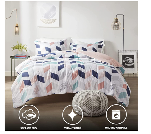 Kylar Cozy Comforter Set, Vibrant Chevron Ruching Full/Queen Multi/Blush - Picture 6 of 7