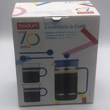 Bodum Blue Bistro French Press Coffee Maker  With Two Glasses And Two Spoons NIB