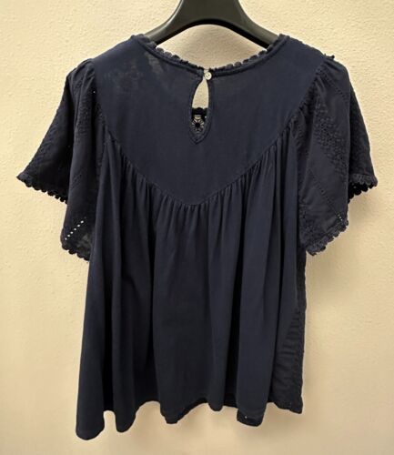 Camicetta Cupio blu navy contadina boho ricamata occhielli manica svolazzante top XL - Foto 3 di 3