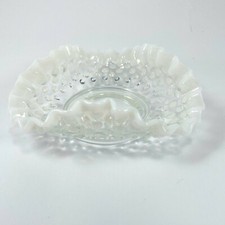 Vintage Fenton Clear and White Ruffled Edge Hobnail Candy Dish 6"