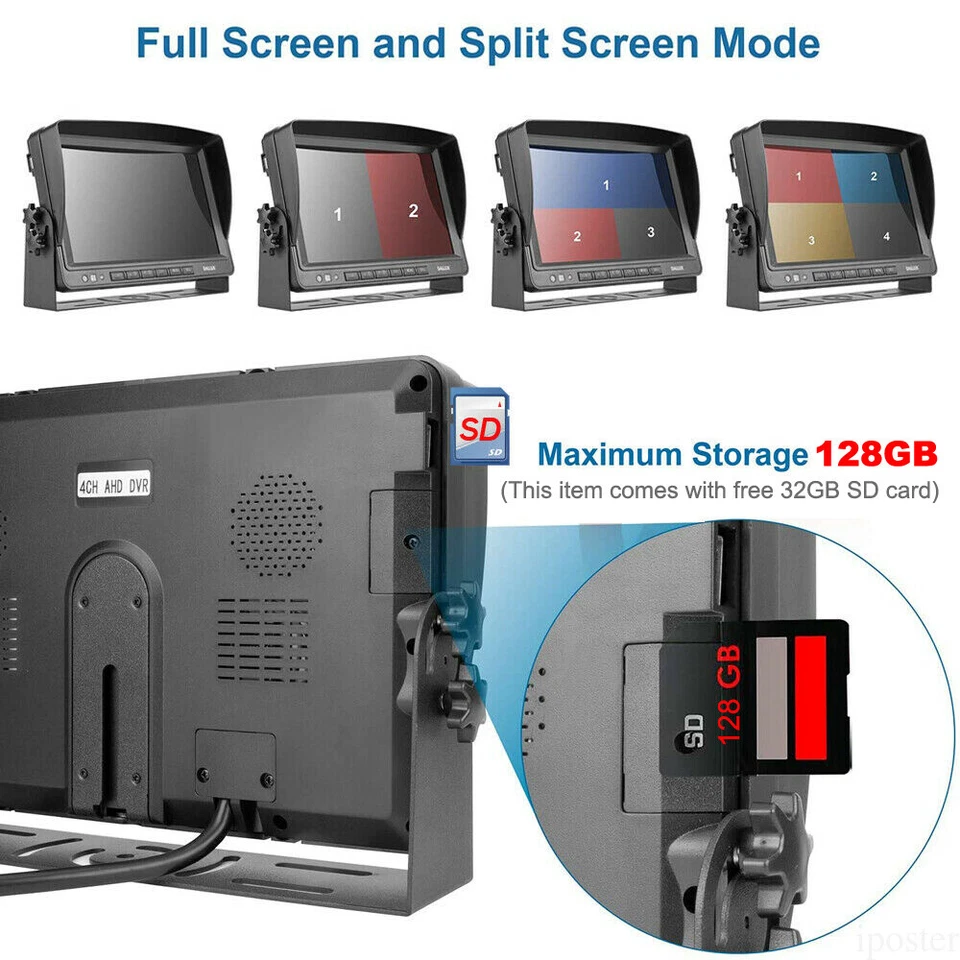 9" QUAD MONITOR DVR 4X 4PIN AHD 1080P Rear SIDE VIEW CAMERA System FOR TRUCK RV - Image 4 of 4