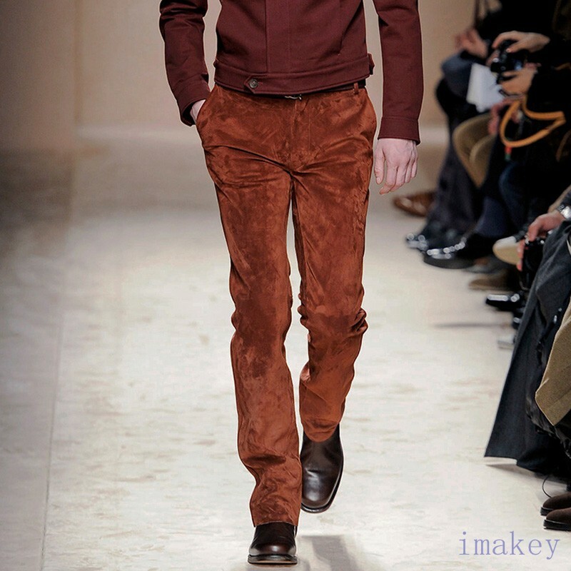 Mens Suede Pants Straight Work Wear Long New Trousers British Vintage