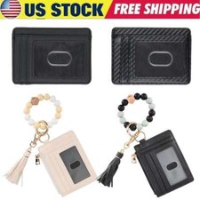 Key Ring Bracelet Wallet Women Beaded Leather Tassel Bangle Keychain Wallet Bag