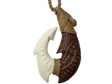 Hawaiian Jewelry Tribal Tattoo Fish Hook Carved Choker/Necklace Koa Wood 45090