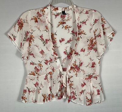 Windsor Crop Top Womens Med Ivory Raspberry Floral Tie Front Sheer Short Sleeves