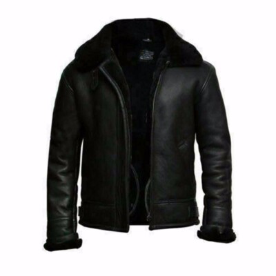 Men's Aviator RAF B3 Bomber Black Fur Shearling Sheepskin Genuine Leather Jacket