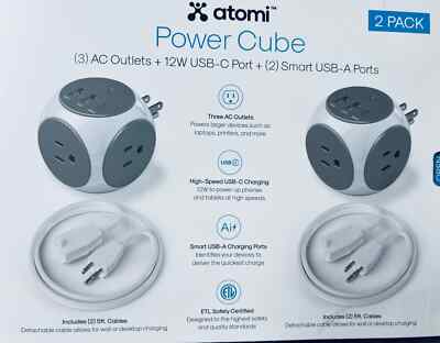 2-Pack Atomi Power Cubes (3) AC Outlets+12W USB-C Port+(2) Smart USB Ports Each