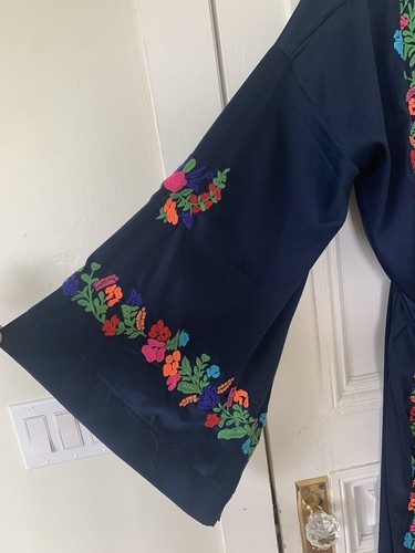 Free People Kimono Robe Small Long Exclusive Floral Embroidered Navy - Picture 4 of 6