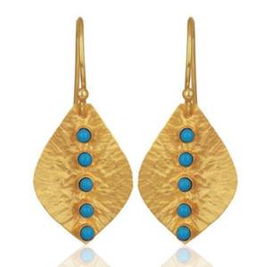 Authentic 18K Gold Plated Leaf Design Earrings With Multi Turquoise Gemstone Fancy Jewelry