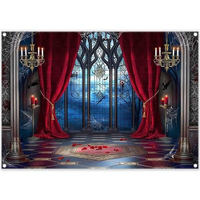 7x5ft Fabric Halloween Vampire Medieval Castle Backdrop Gothic Window Red Cur...