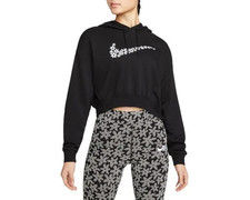 Nike Women Hoodie Sportswear Cropped Fleece Swoosh Floral Logo Black NWT